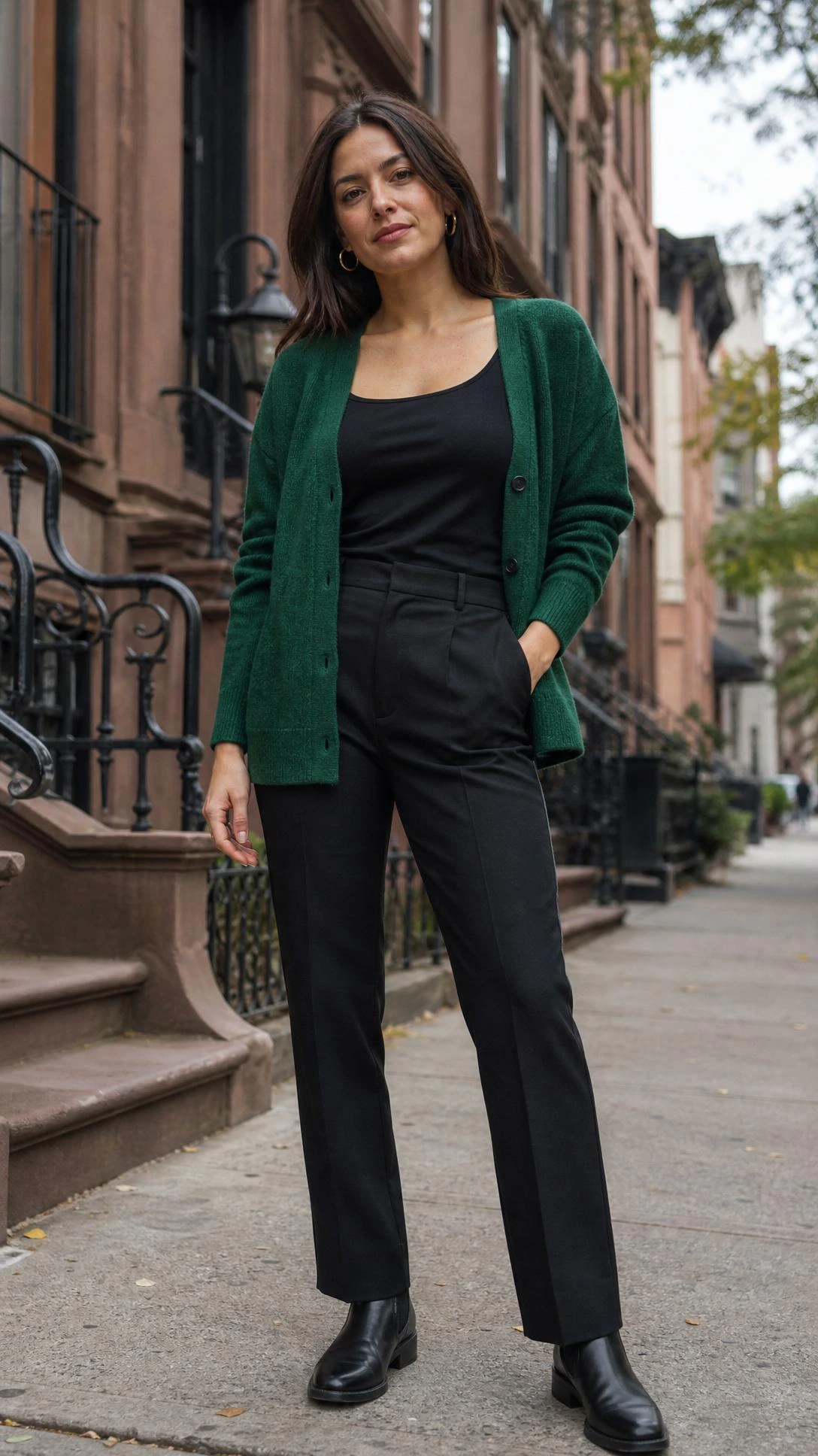 Street-style green cardigan outfit with black tailored trousers and a fitted tank, shown head to toe on a quiet city sidewalk.